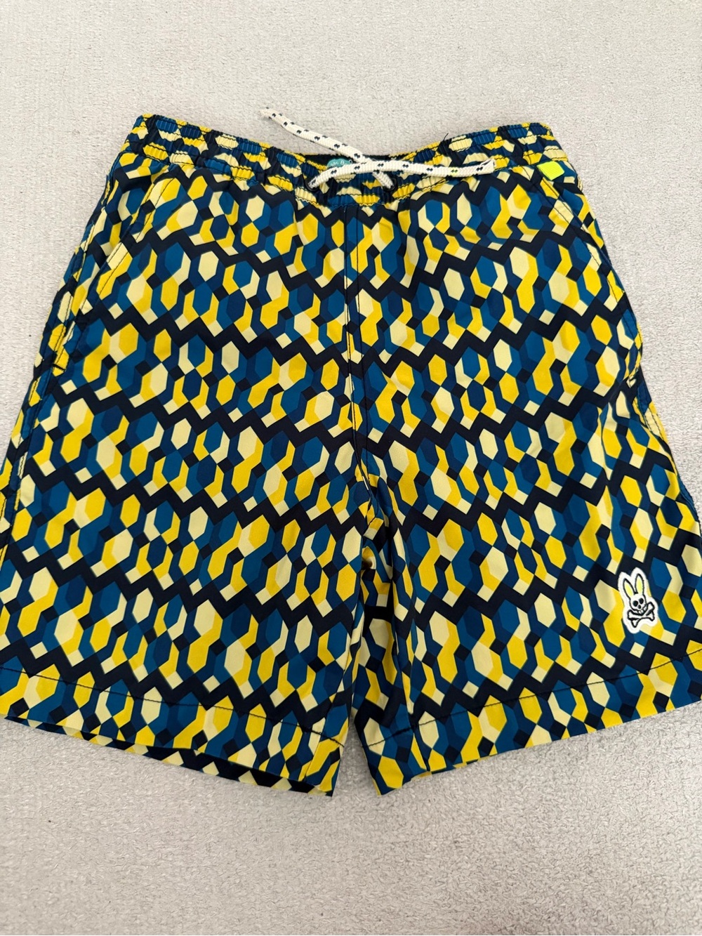 Psycho Bunny Boys' Geometric Navy, Yellow & Light Blue Swim Trunks